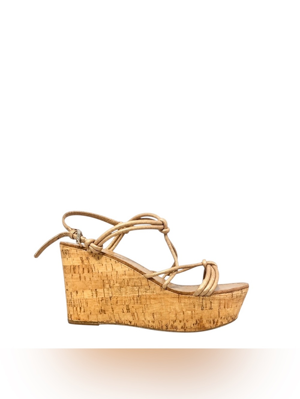 AS IS Prada Leather Straps & Knots Platform Cork 4" Wedge Sandal, Size 38.5